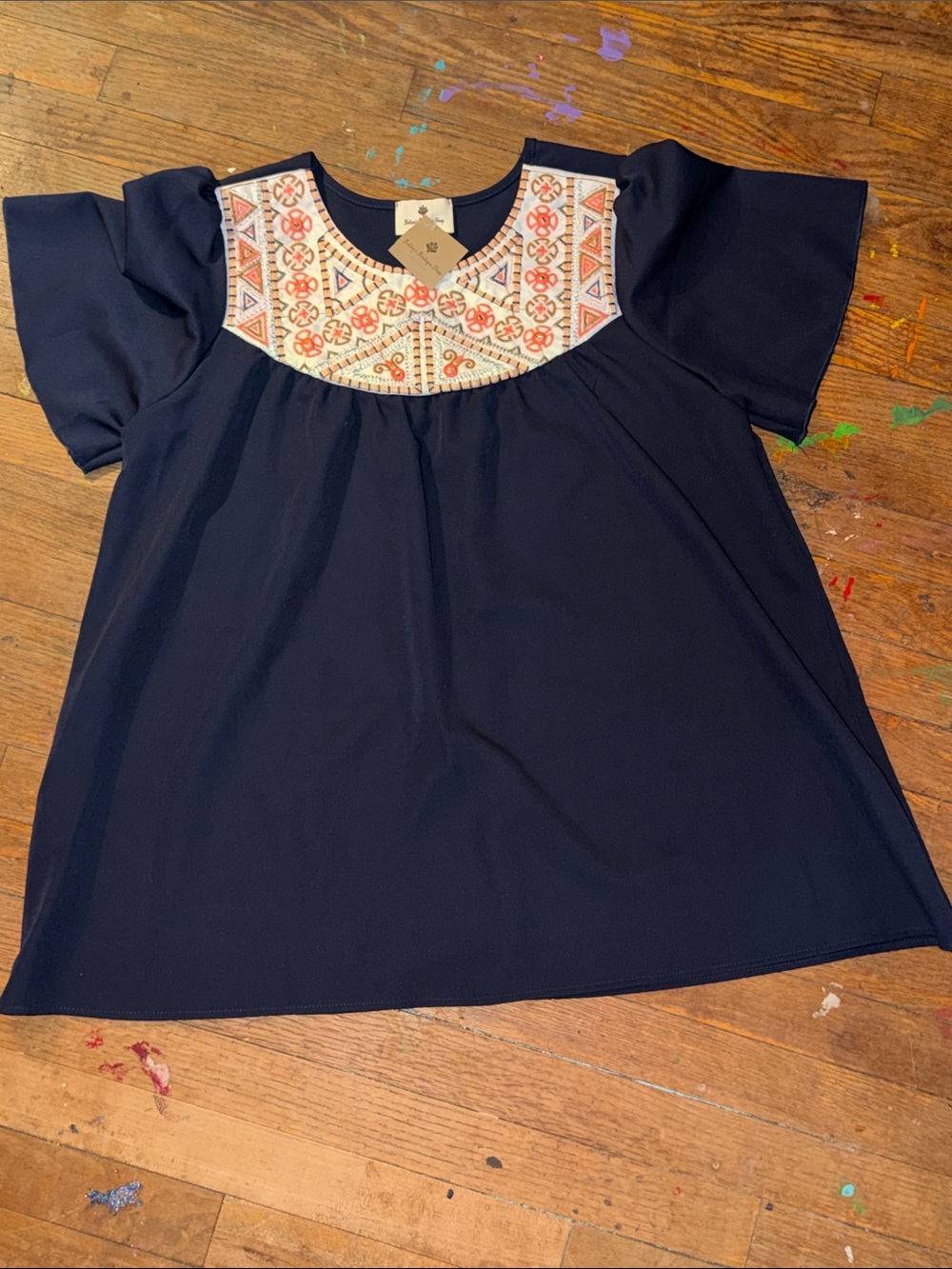Embroidered Navy Short-Sleeve Blouse